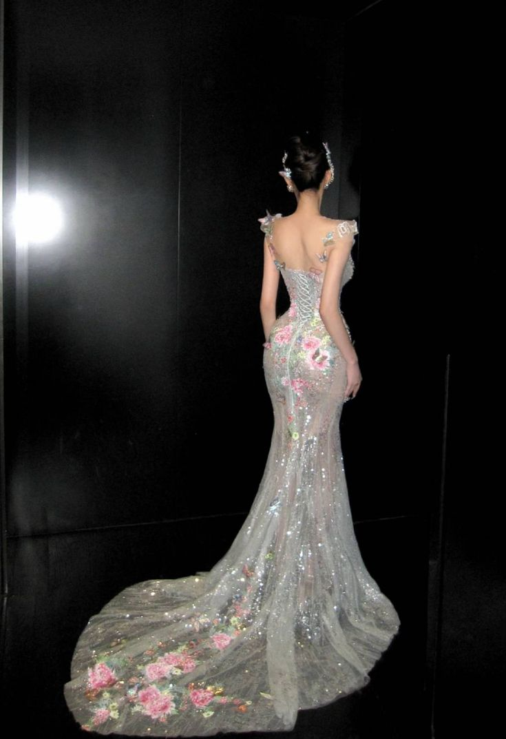 Glamorous Silver Tulle Sequin Beaded Butterfly Appliques Mermaid Long Wedding Dress Formal Bridal Dress - View 8 | FashionDia