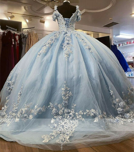 Baby Blue Off-the-Shoulder Quinceanera Dresses Beaded 3D Flowers Ball Gown Sweet 16 Dress - View 2 | FashionDia