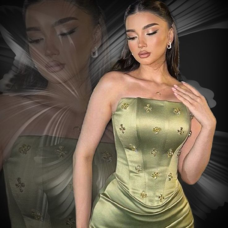 Vintage Olive Green Strapless Satin Pleated Beaded Mermaid Evening Dress Formal Birthday Prom Gown - View 2 | FashionDia