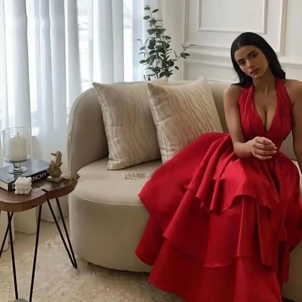 Red Prom Dresses Saudi Arabia Dubai Evening Dress V-Neck Tiered A-Line Sleeveless Floor-Length - View 2 | FashionDia