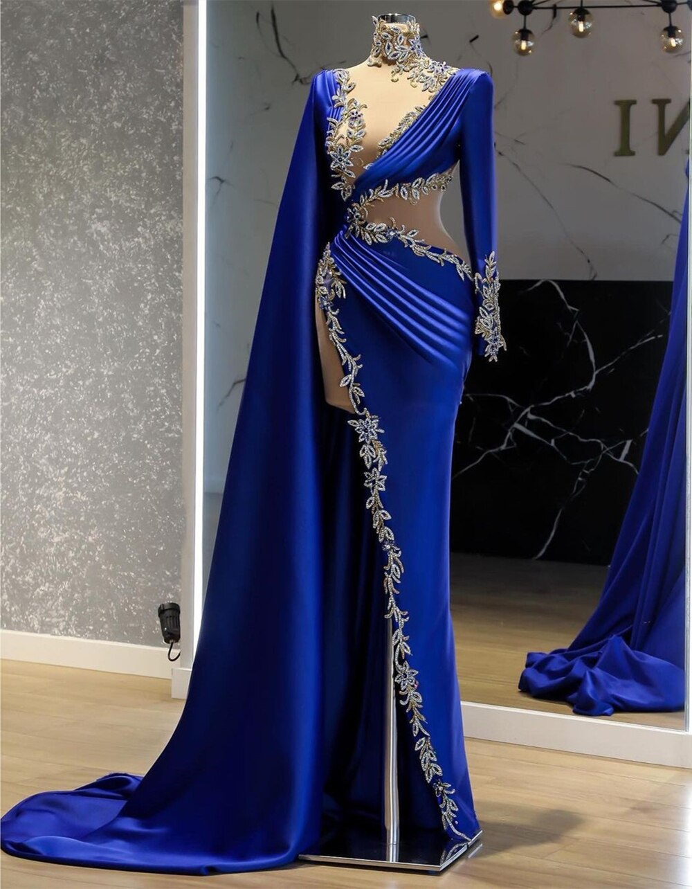 royal blue prom dresses, high neck prom dresses, Women Evening Dress Long Sleeve Blue Lace Appliques High Slit Arabic Style Prom Dress - View 3 | FashionDia