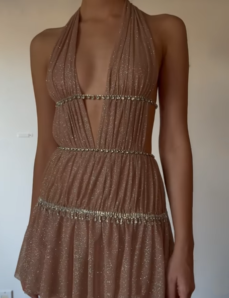 Shiny Halter Deep V Tulle Beaded Short 7th Grade Homecoming Dress Sexy Cocktail Dress - View 3 | FashionDia
