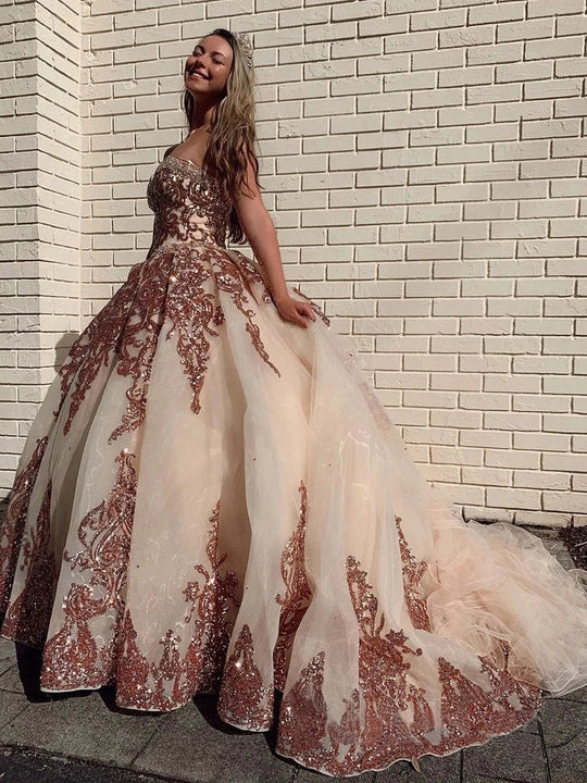Rose Gold Sequins Ball Gown Sweetheart Strapless Quinceanera Dresses with Beads - View 2 | FashionDia