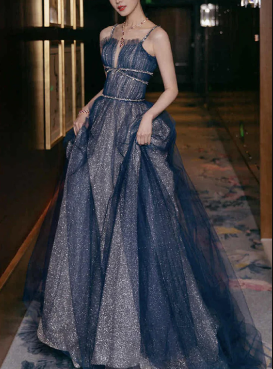 Shiny tulle long A-Line prom dress blue evening dress - FashionDia