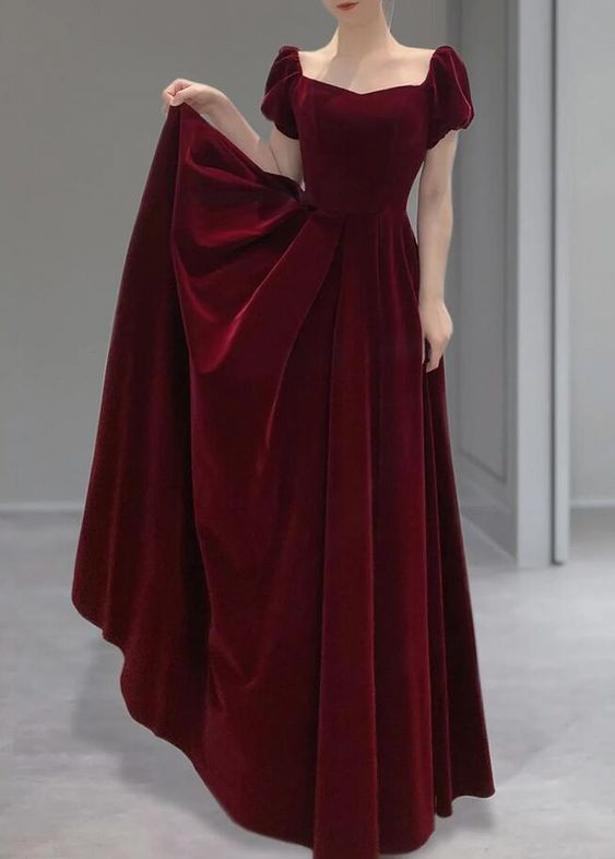 A-Line Burgundy Velvet Long Prom Dresses - FashionDia