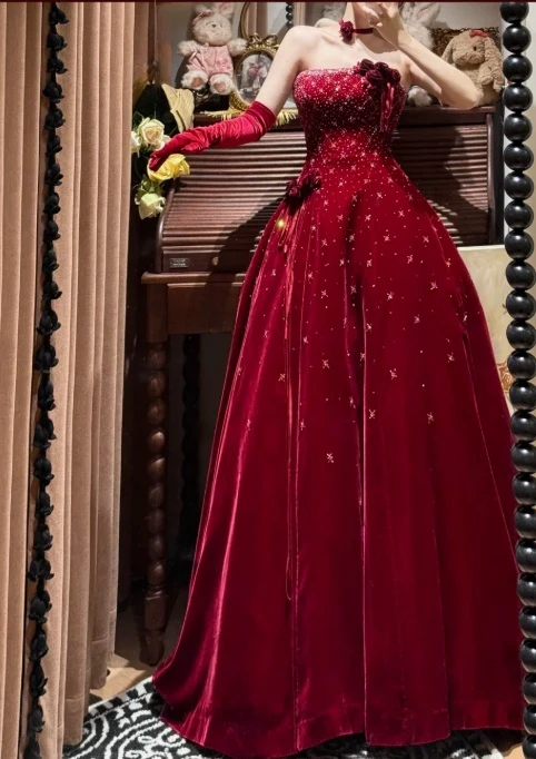 Vintage Strapless Red Velvet Sequin Beaded Long Evening Gown Party Dress - View 3 | FashionDia