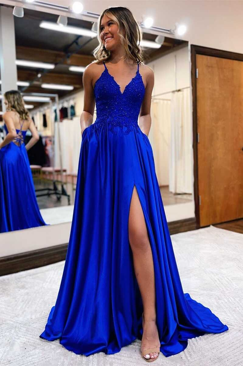 Royal Blue Lace Lace-Up Long Prom Dress - FashionDia