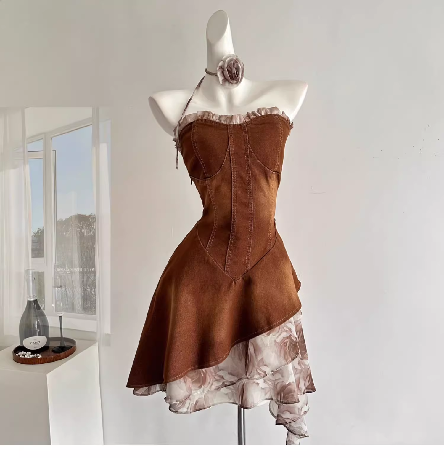 Vintage Strapless Women's Brown Denim Short Party Dress