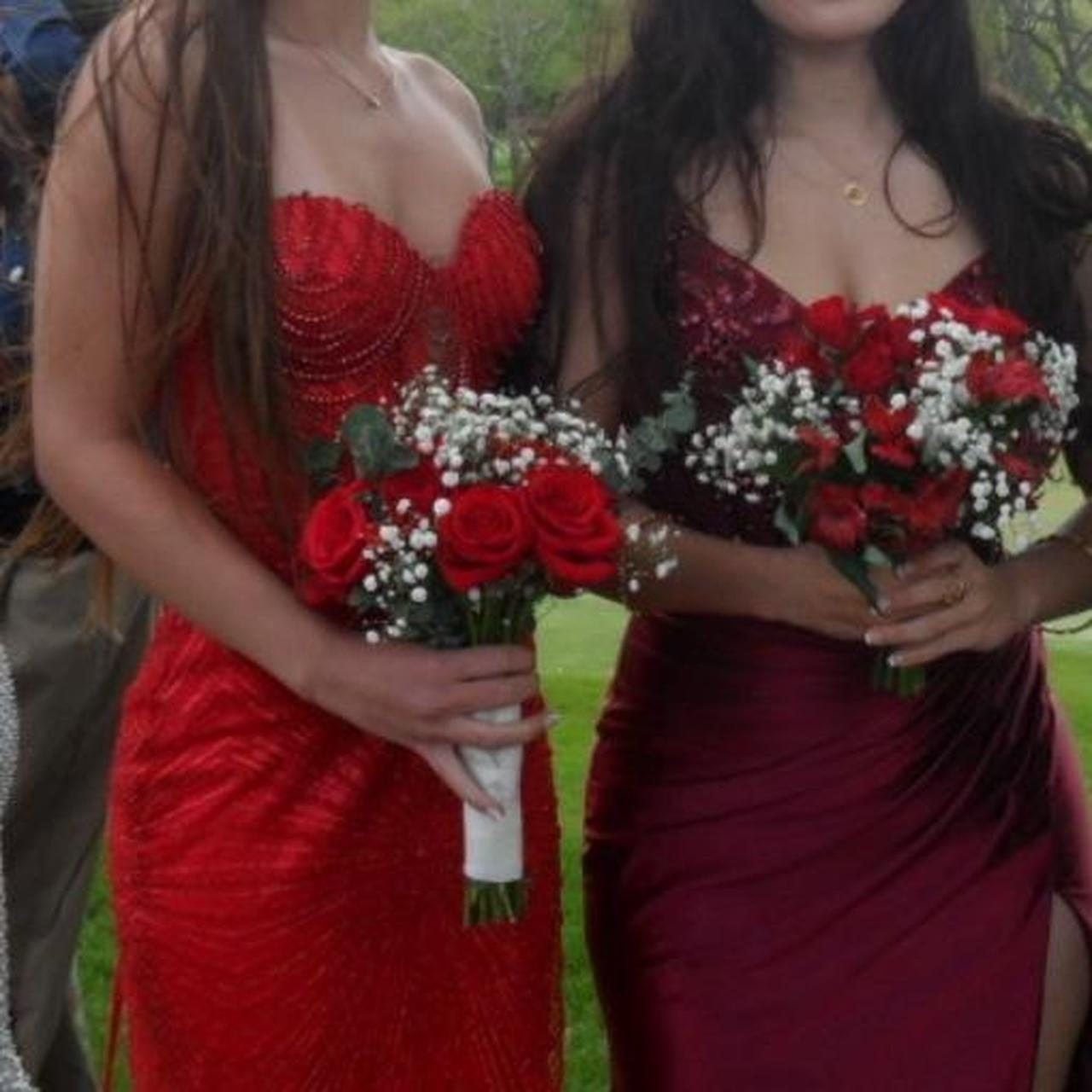 Shiny Strapless Red Satin Beaded Mermaid Evening Gown Formal Birthday Party Dress