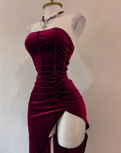 Sexy Strapless Slit Party Dress Burgundy Birthday Dress