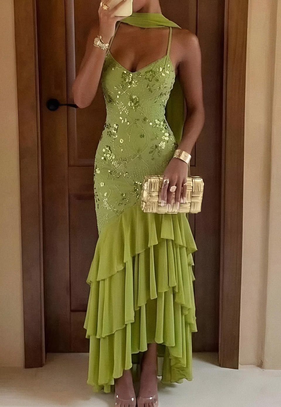 Sparkly Spaghetti Straps Green Sequin Chiffon Layered Ruffle Mermaid Long Party Dress Prom Dresses D4799