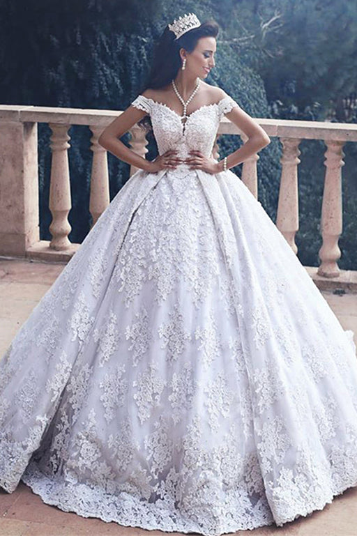 Lace Appliques Princess Bride Dress Luxurious Off-The-Shoulder Ball-Gown Wedding Dress