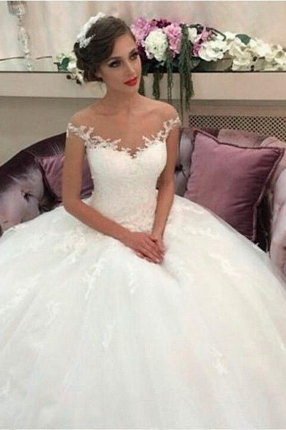 Lace Ball Gown Wedding Dresses Puffy Tulle Princess Bride Dress