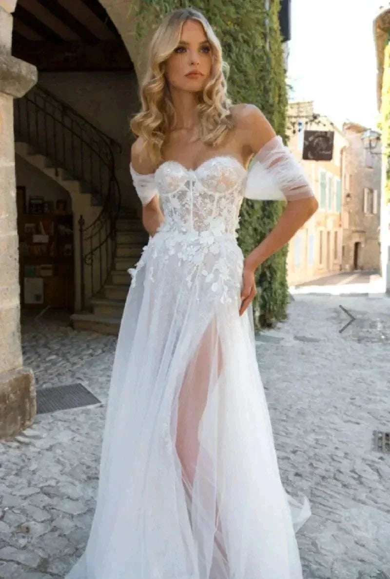 Lace Boho High Fork Wedding Dresses A Line Off The Shoulder Beach Sweetheart Bride Dresses Custom Made To Measures Floor Length (ZD14220)