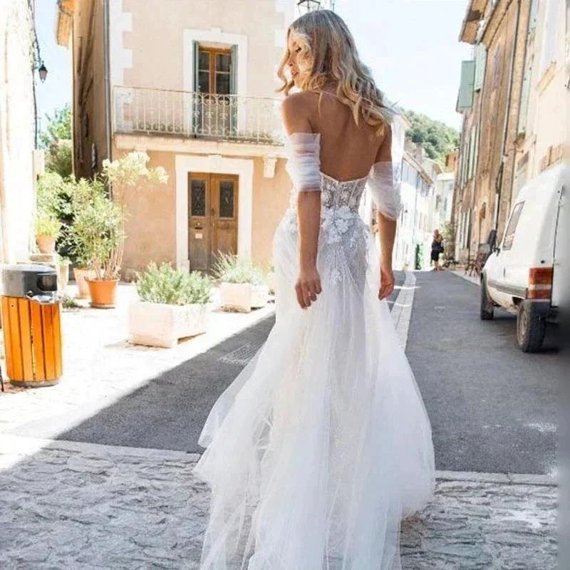 Lace Boho High Fork Wedding Dresses A Line Off The Shoulder Beach Sweetheart Bride Dresses Custom Made To Measures Floor Length (ZD14220)