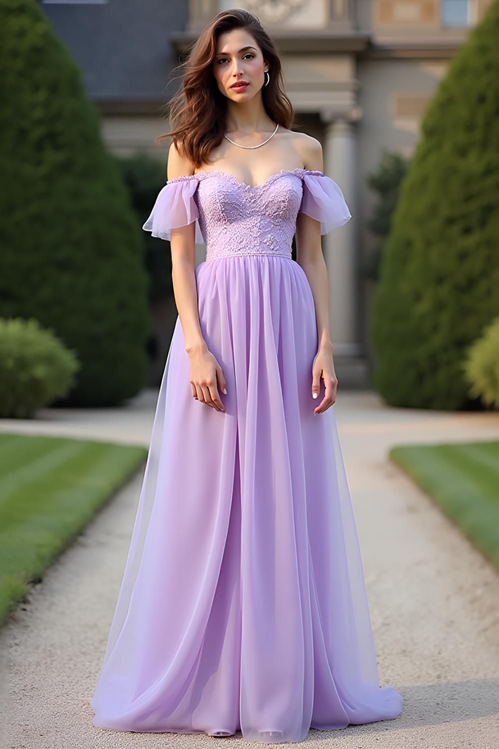 Lace Lilac Off The Shoulder Long Formal Dress With Ruffles