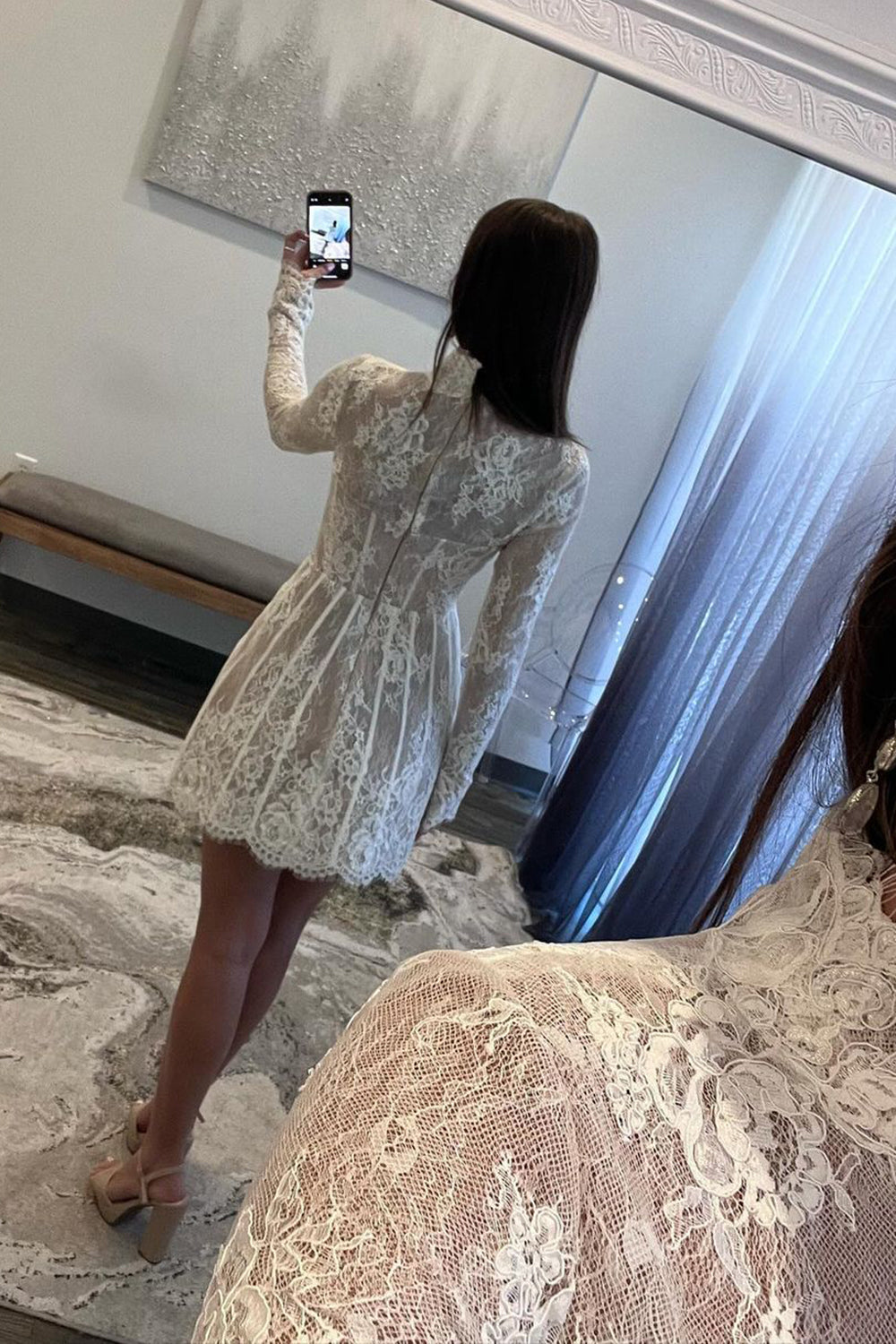 Lace Short Beach Wedding Dress Long Sleeve A Line Homecoming Dress