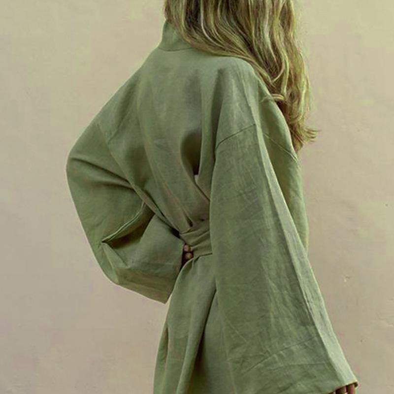Lace Up Women's V-Neck Kimono Cardigan Mini Cotton Linen Long Sleeve Sashes Dress