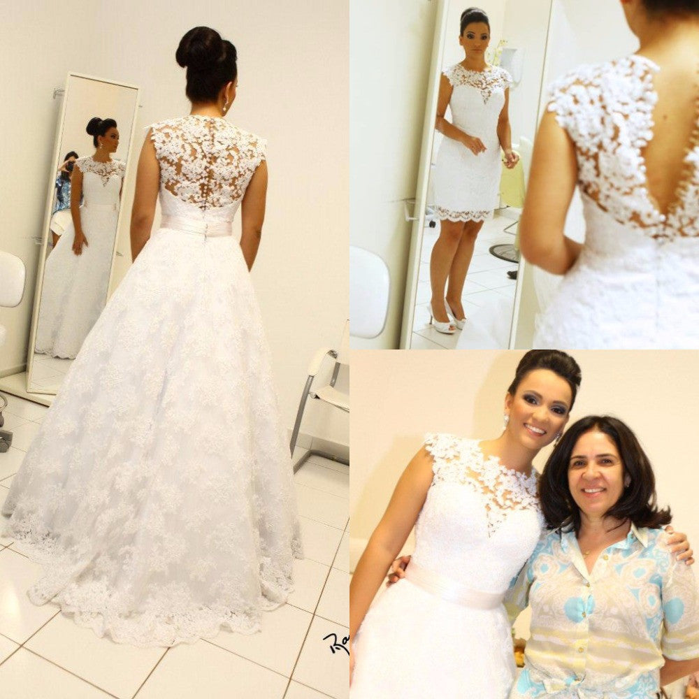 Lace Wedding Dresses Scollaped Vestidos De Noiva Bridal Gowns Removable Skirt BA1519