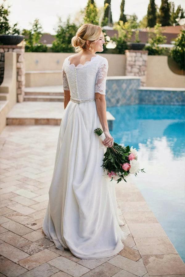 Lace A-Line Beading Ivory Half Sleeve Wedding Dress (ZD16055)