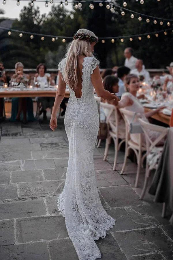 Lace Boho Mermaid Backless Cap Sleeve Bohemian Wedding Dresses MW265 by Musebridals