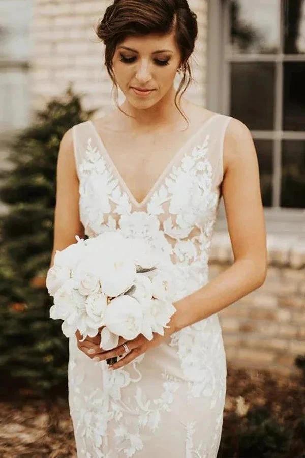 Lace Deep V-neck Bohemian Wedding Dress Mermaid Bridal Gown (ZD16077)