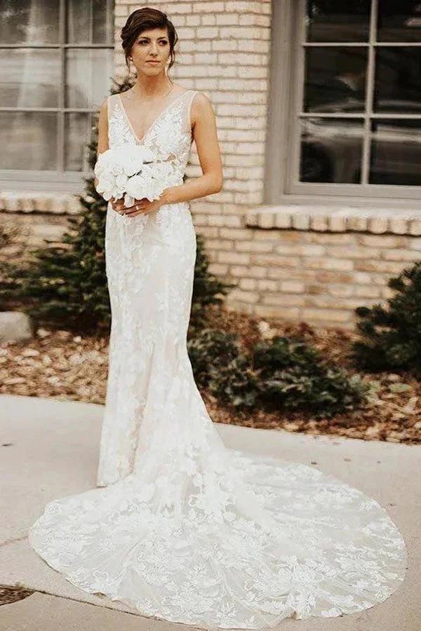 Lace Deep V-neck Bohemian Wedding Dress Mermaid Bridal Gown WD748 by pgmdress