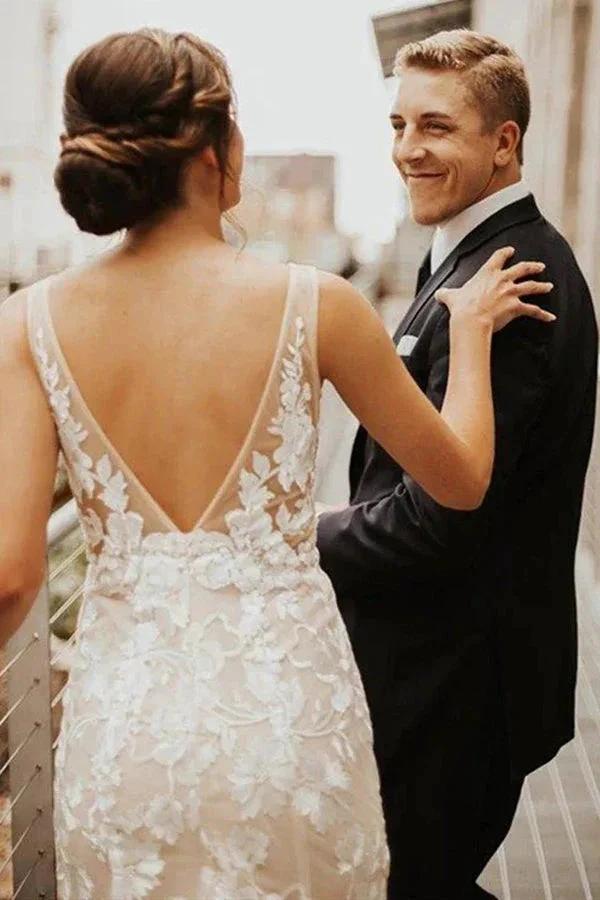 Lace Deep V-neck Bohemian Wedding Dress Mermaid Bridal Gown (ZD16077)