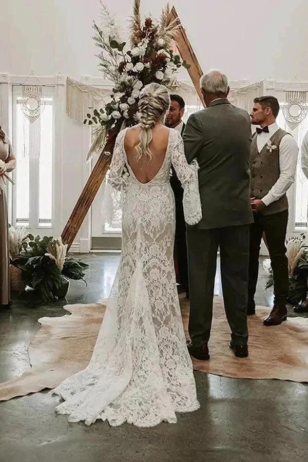 Lace Mermaid V-neck Long Sleeves Backless Bohemian Wedding Dresses (ZD16167)