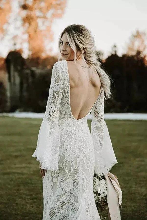 Lace Mermaid V-neck Long Sleeves Backless Bohemian Wedding Dresses (ZD16167)