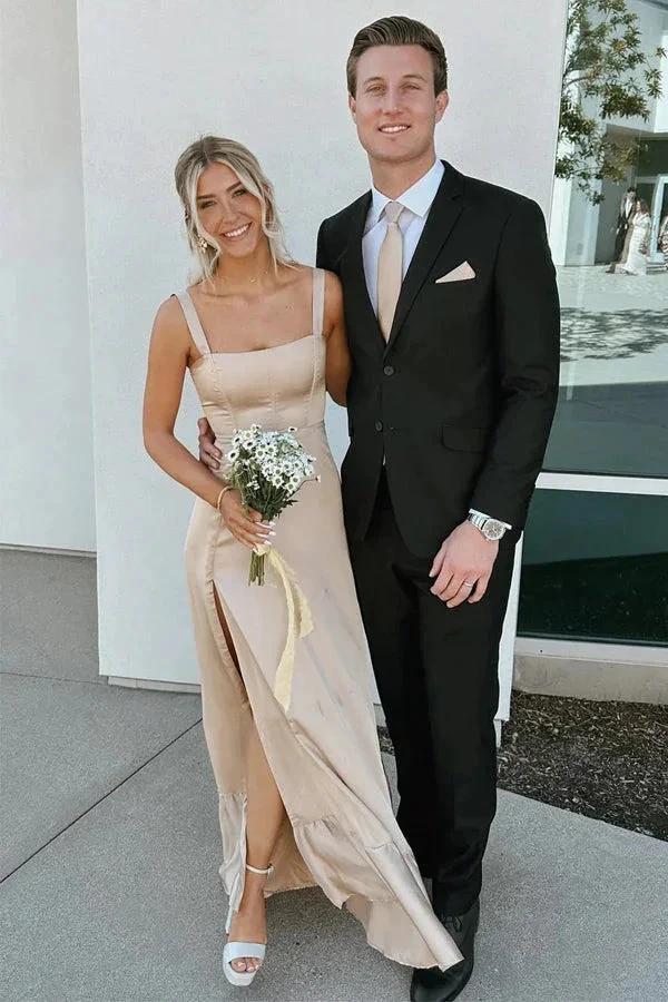 Lace Up A-Line Champagne Bridesmaid Dress with Slit BD122 by pgmdress