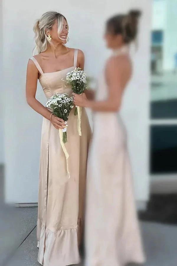 Lace Up A-Line Champagne Bridesmaid Dress with Slit (ZD12832)