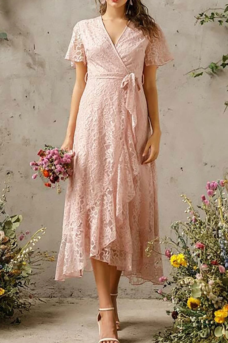 Lace V-neck High Low Wrap Prom Dress - Fashionpara