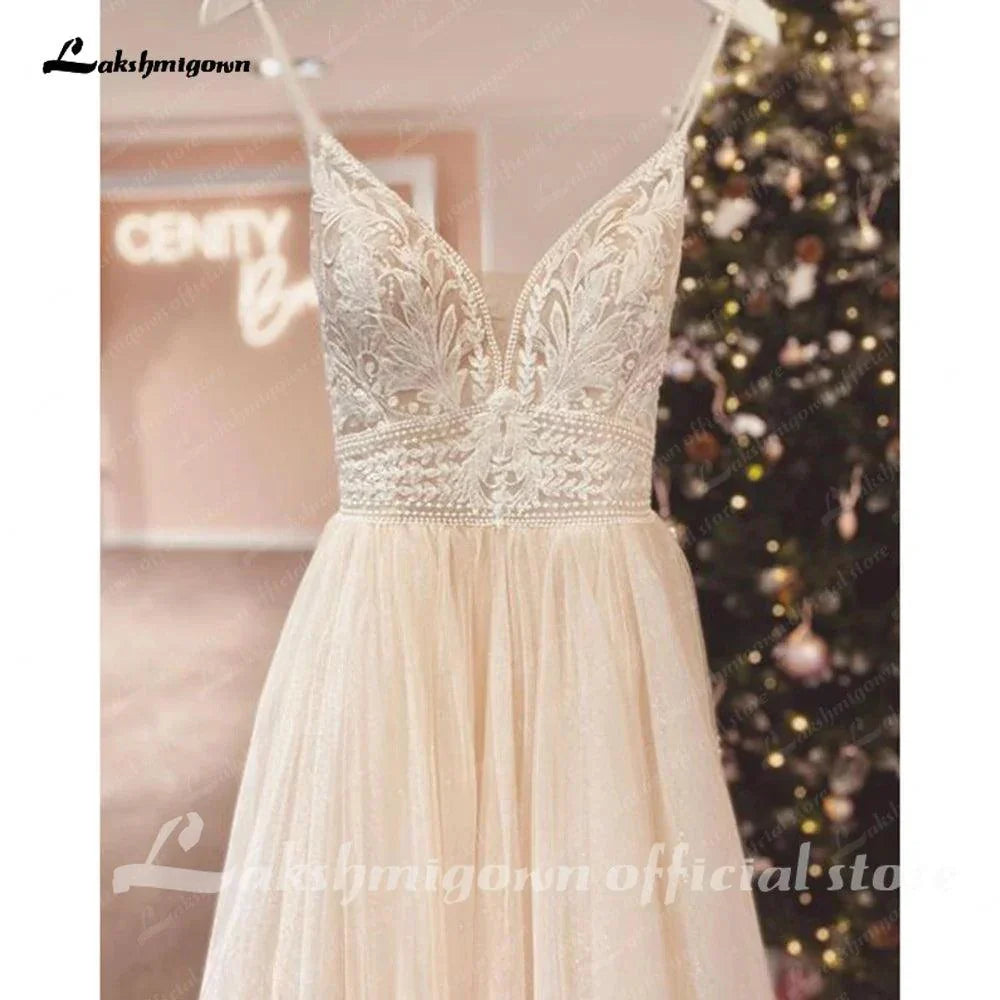 Spaghetti Straps Champagne Boho Wedding Dress For Women Vestido Civil Bridal Church Wedding Gowns suknie slubne