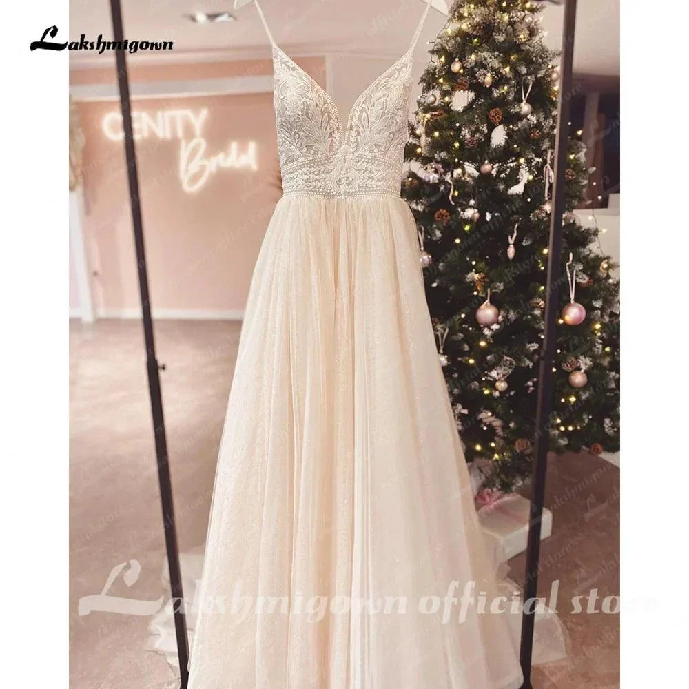 Spaghetti Straps Champagne Boho Wedding Dress For Women Vestido Civil Bridal Church Wedding Gowns suknie slubne - View 3 | VelvetHem