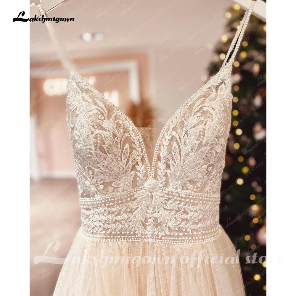 Spaghetti Straps Champagne Boho Wedding Dress For Women Vestido Civil Bridal Church Wedding Gowns suknie slubne