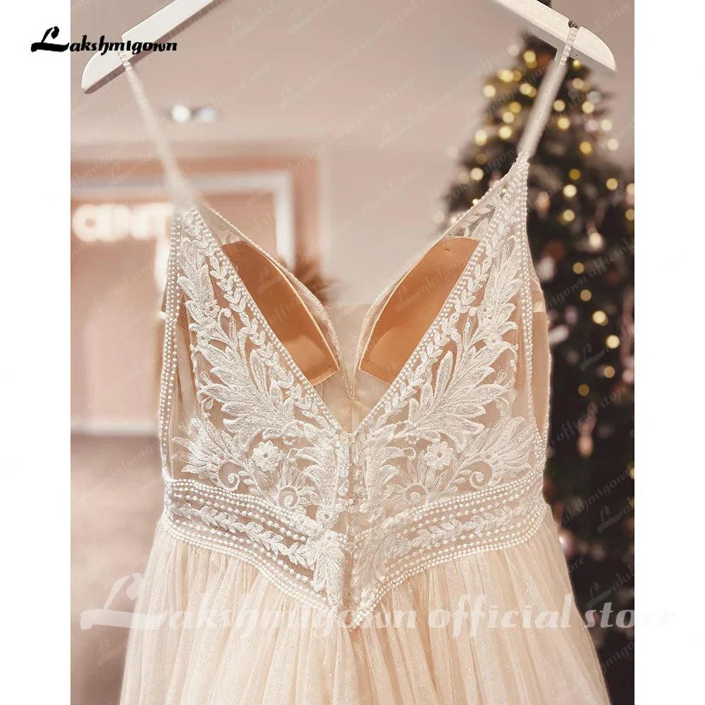 Spaghetti Straps Champagne Boho Wedding Dress For Women Vestido Civil Bridal Church Wedding Gowns suknie slubne - View 6 | VelvetHem