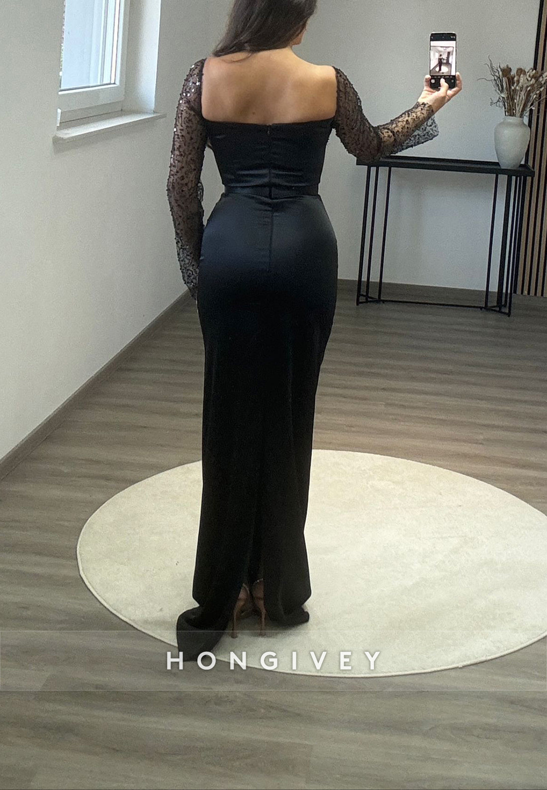 Formal Long Sleeve Sheath Floor-Length Square Appliqued Pleated Evening Gown