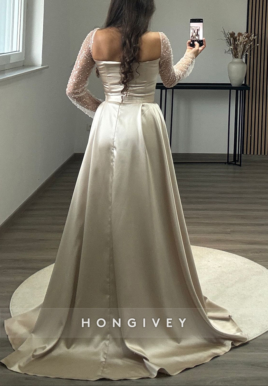 Square Long Sleeve Court Train Sequined Pleated Zipper Elegant Evening Gowns