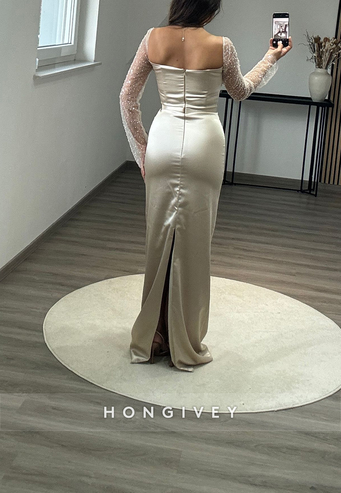 Formal Long Sleeve Sheath Floor-Length Square Appliqued Pleated Evening Gown