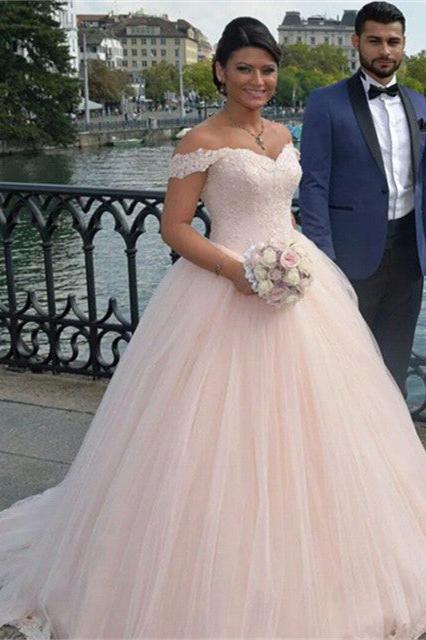 Latest Off Shoulder Ball Gown Princess Dress Tulle Lace Applique Wedding Dress