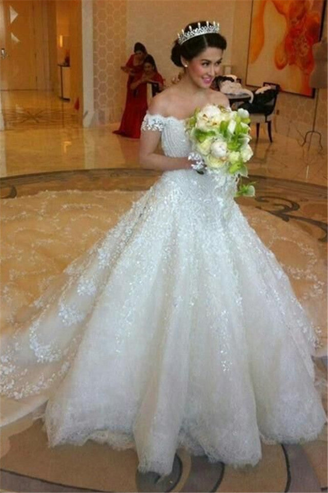 Latest Off Shoulder White Ball Gown Wedding Dress Popular Lace Court Train Bridal Gowns