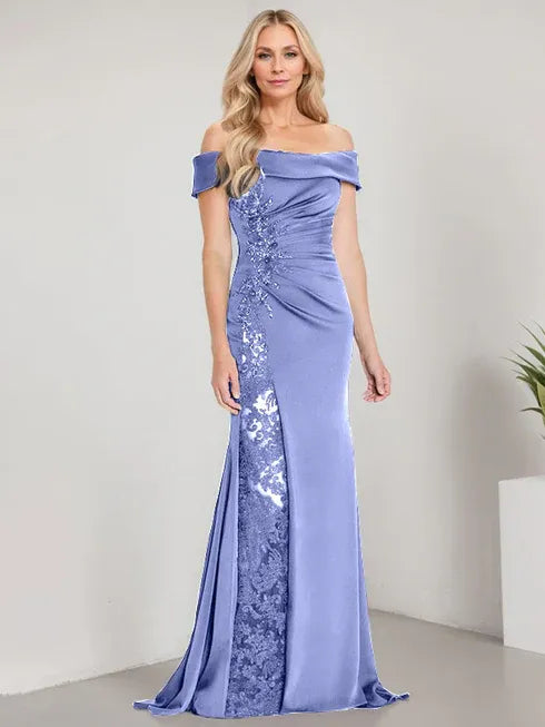 A-Line Off the Shoulder Floor-Length Mother of the Bride Dress Applique Beadings Mermaid Dress With High Split