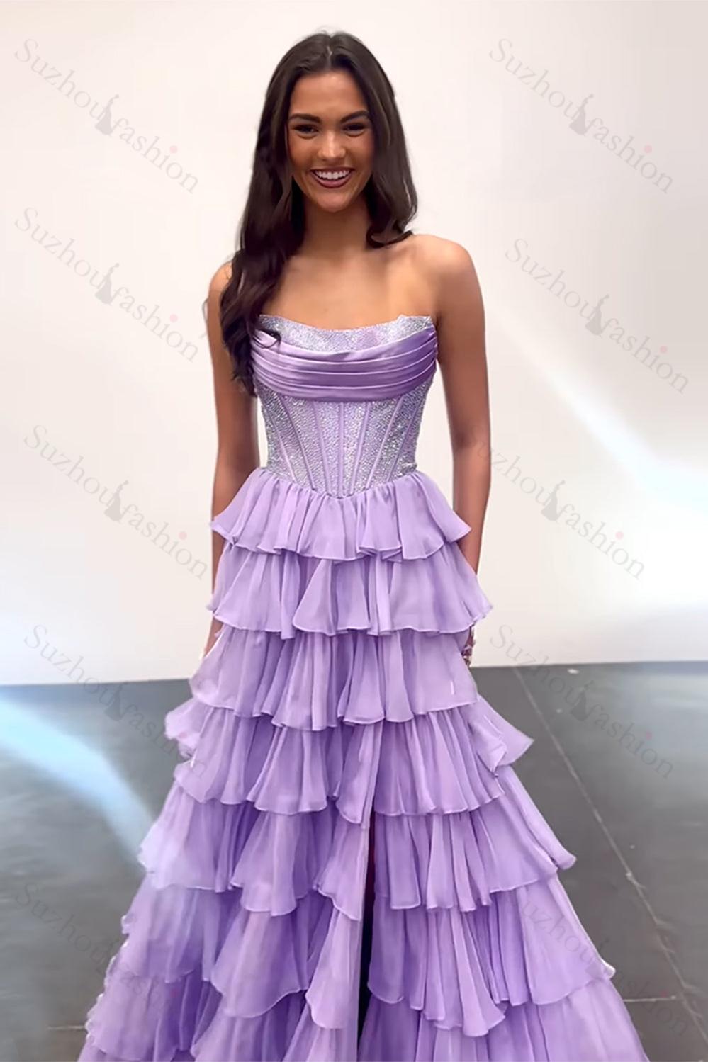 Yellow Prom Dress A Line Strapless Corset Long Chiffon Formal Dress With Slit