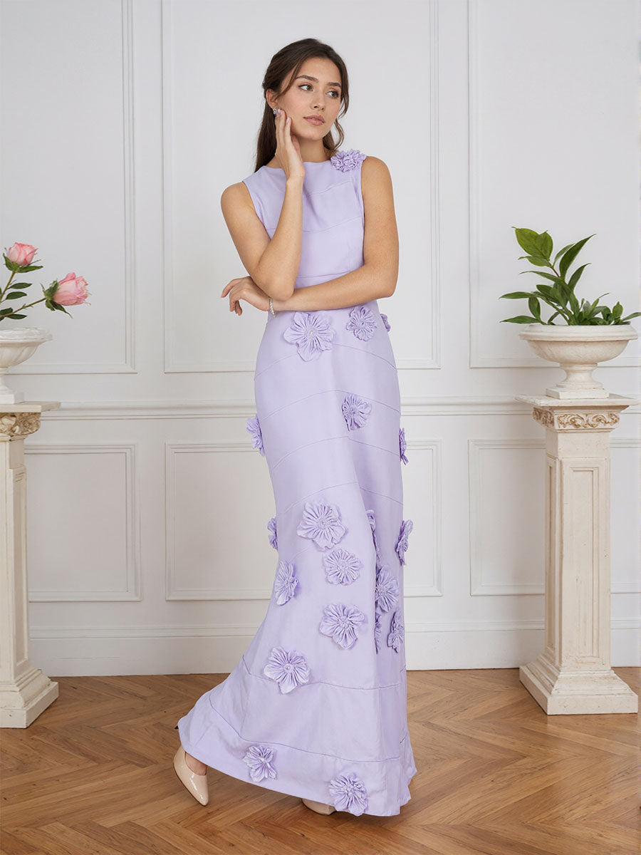 Lavender Boat Neck Formal Gown with Cascading 3D Flowers