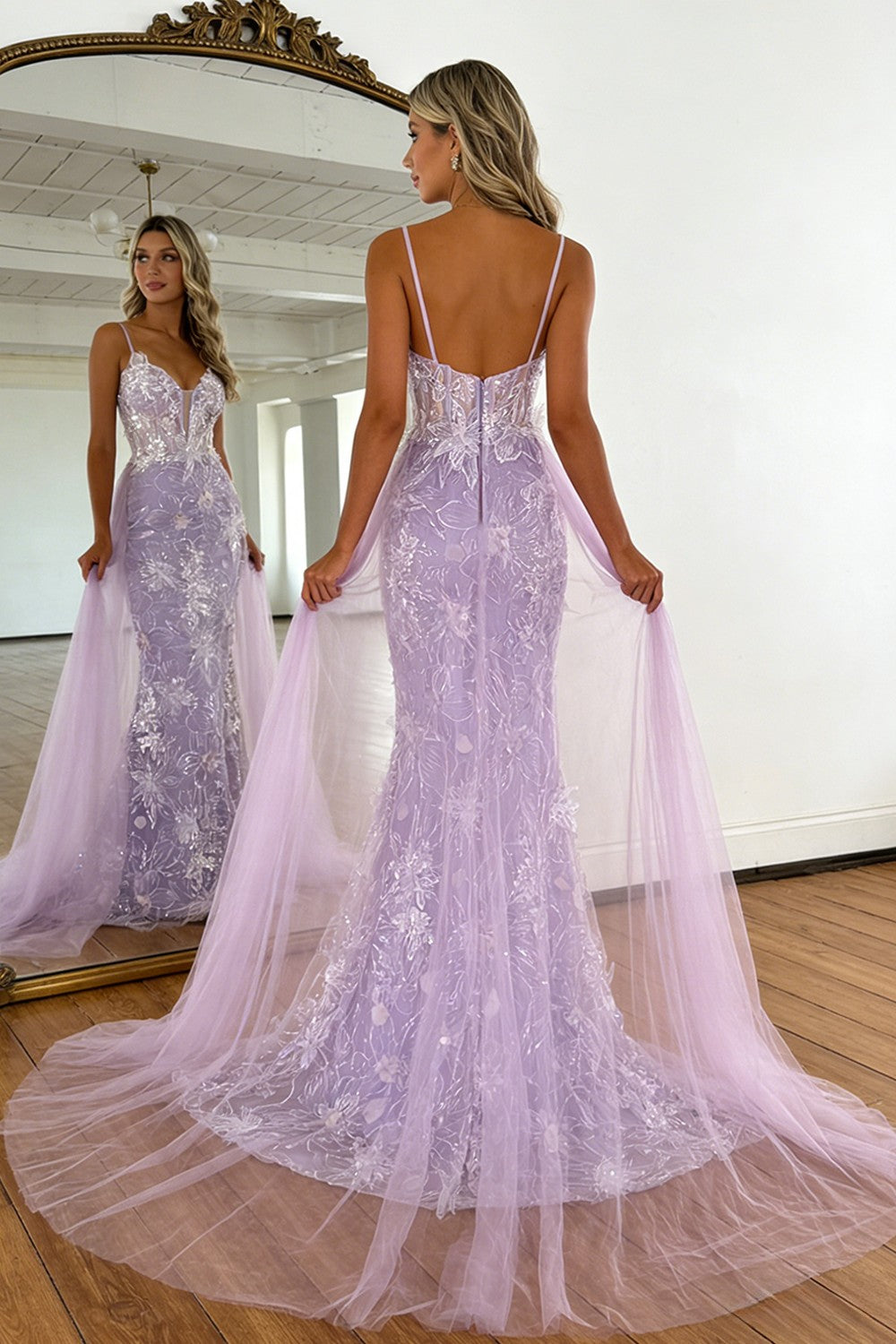 Charming A Line Lavender Floral Embroidered Mermaid Prom Dress with Train