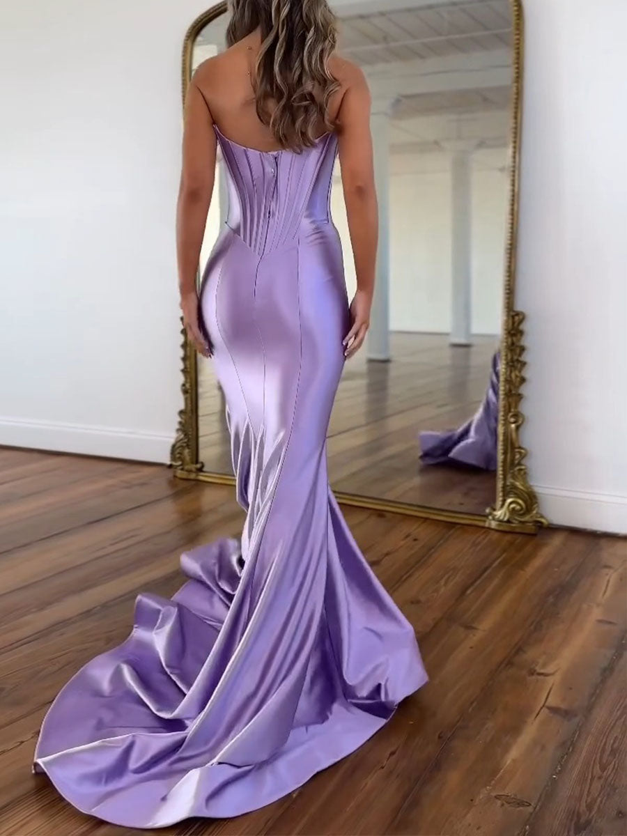 Lavender Satin Strapless Cowl Neckline Corset Prom Dress with Basque Waist - View 3 | FashionDia