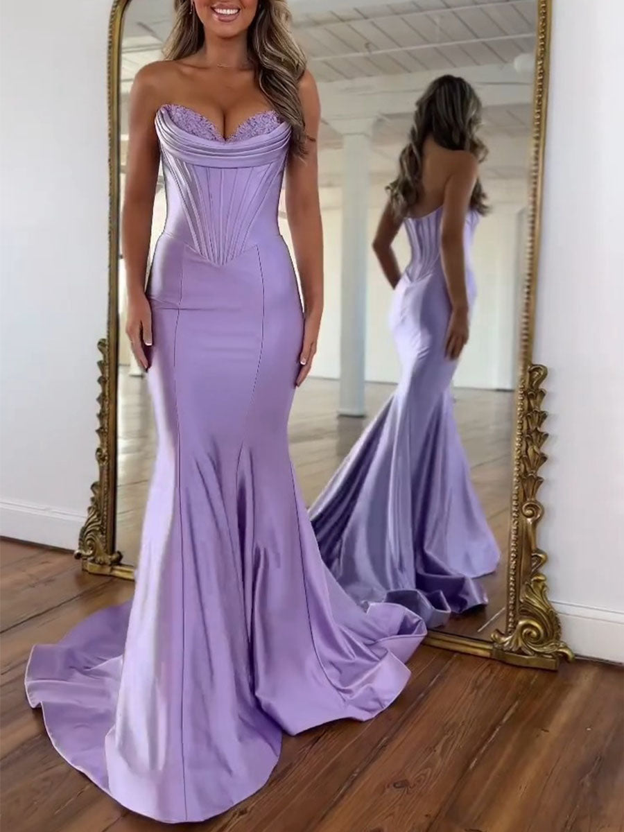 Lavender Satin Strapless Cowl Neckline Corset Prom Dress with Basque Waist - FashionDia
