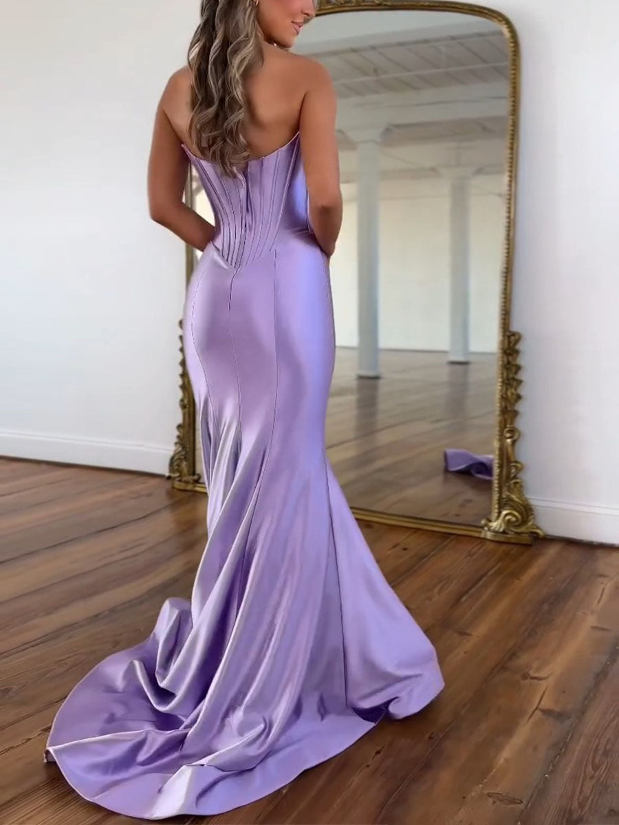 Lavender Satin Strapless Cowl Neckline Corset Prom Dress with Basque Waist