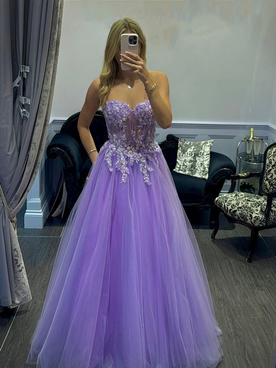 Lavender Sweetheart Corset Tulle Prom Dress with 3D Floral Appliqu�s - FashionDia